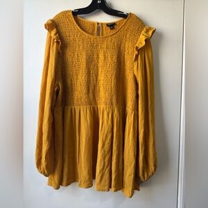 Torrid Women’s Peplum Crinkle Mustard Yellow Smocked Blouse Sz 3